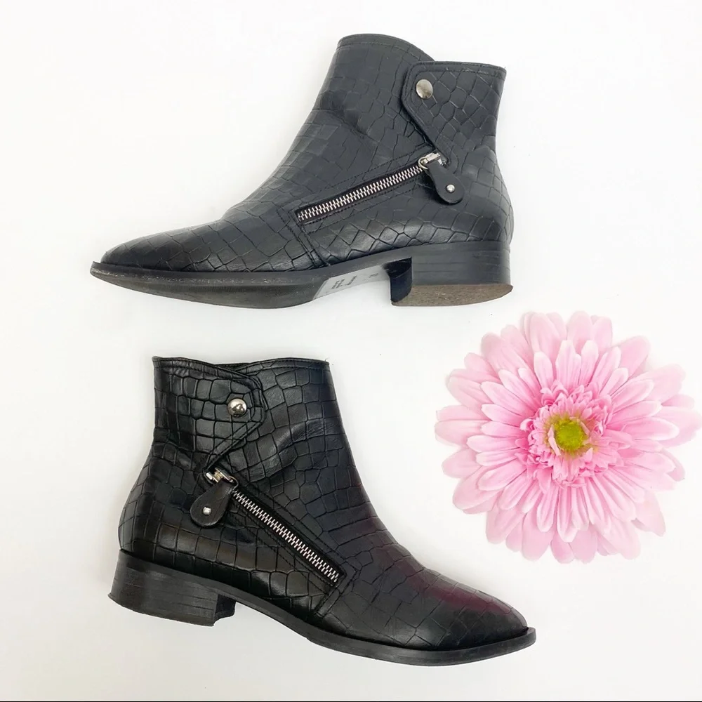 Napoleoni Italy Croc Embossed Leather Moto Zip Ankle Boots: Black
